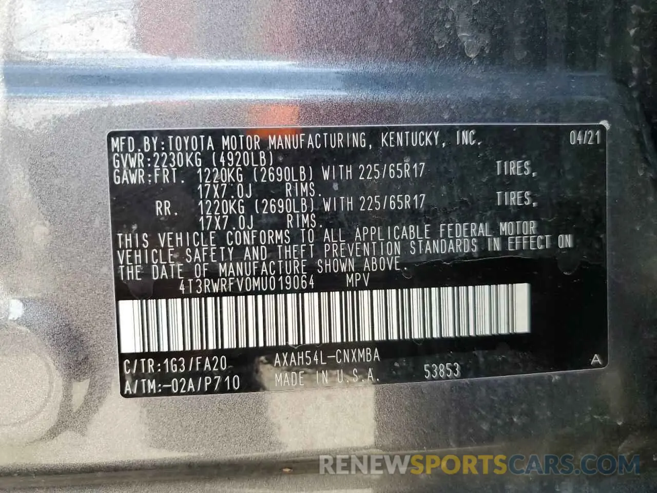 14 Photograph of a damaged car 4T3RWRFV0MU019064 TOYOTA RAV4 2021