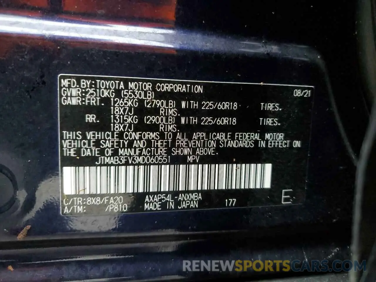 13 Photograph of a damaged car JTMAB3FV3MD060551 TOYOTA RAV4 2021