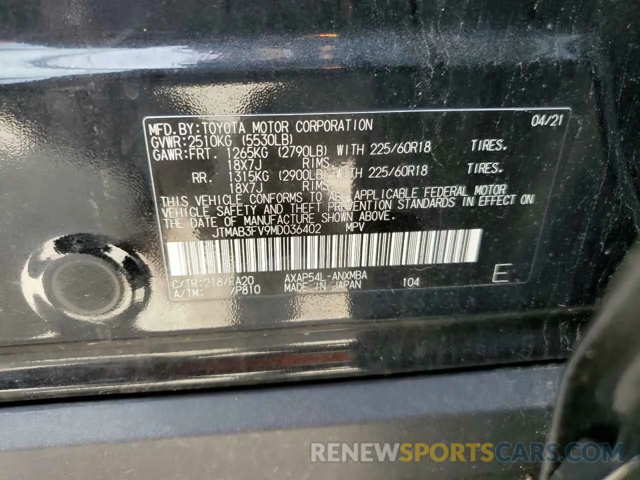 13 Photograph of a damaged car JTMAB3FV9MD036402 TOYOTA RAV4 2021