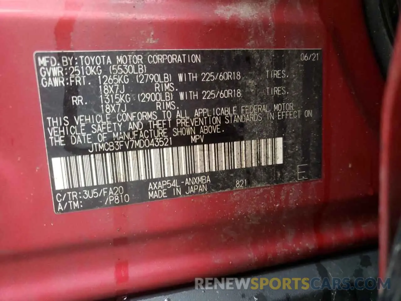 14 Photograph of a damaged car JTMCB3FV7MD043521 TOYOTA RAV4 2021