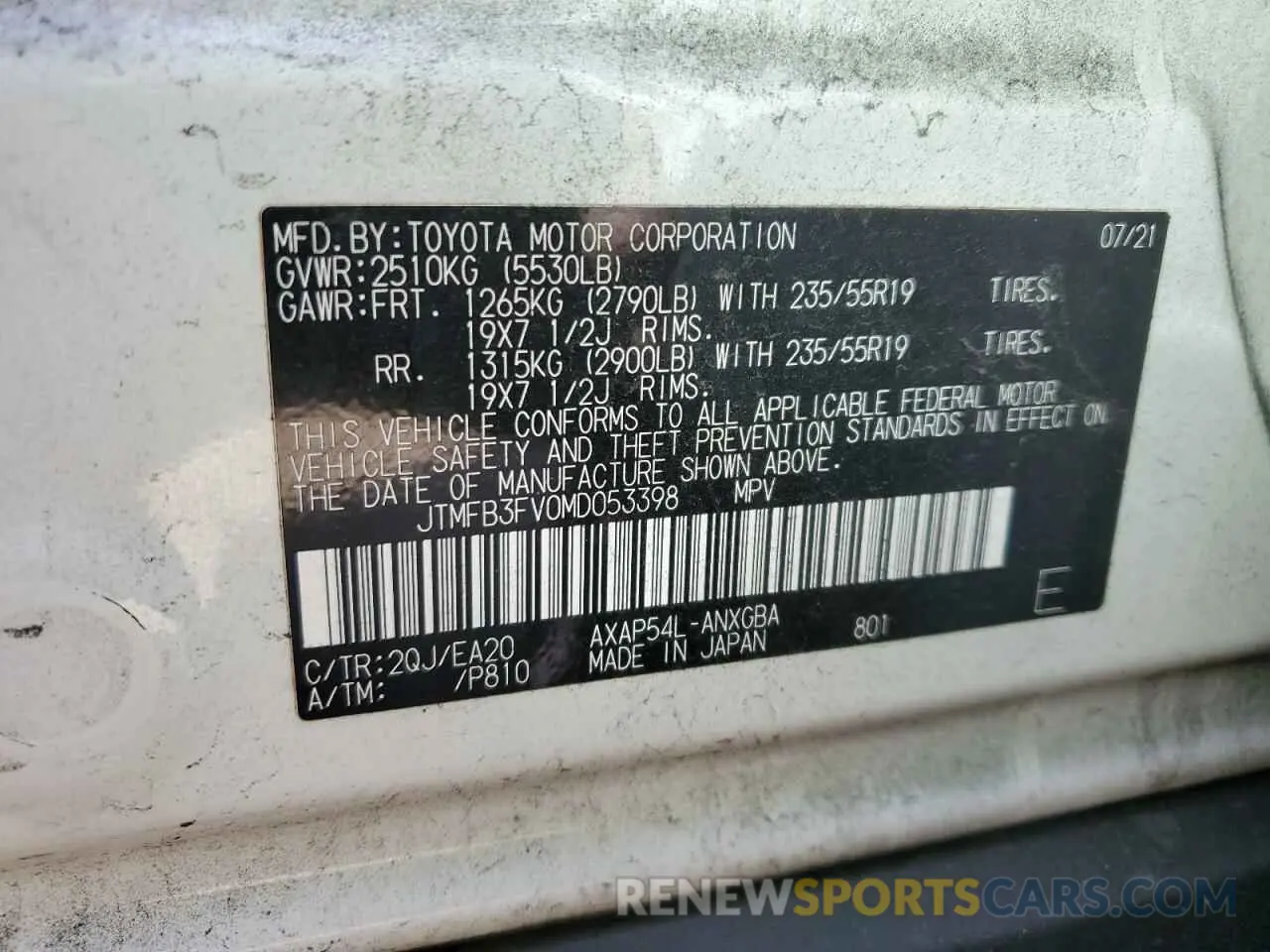 14 Photograph of a damaged car JTMFB3FV0MD053398 TOYOTA RAV4 2021