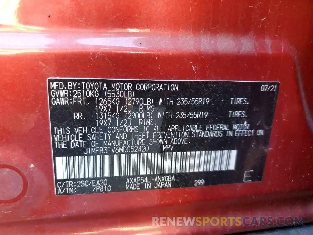 13 Photograph of a damaged car JTMFB3FV6MD052420 TOYOTA RAV4 2021