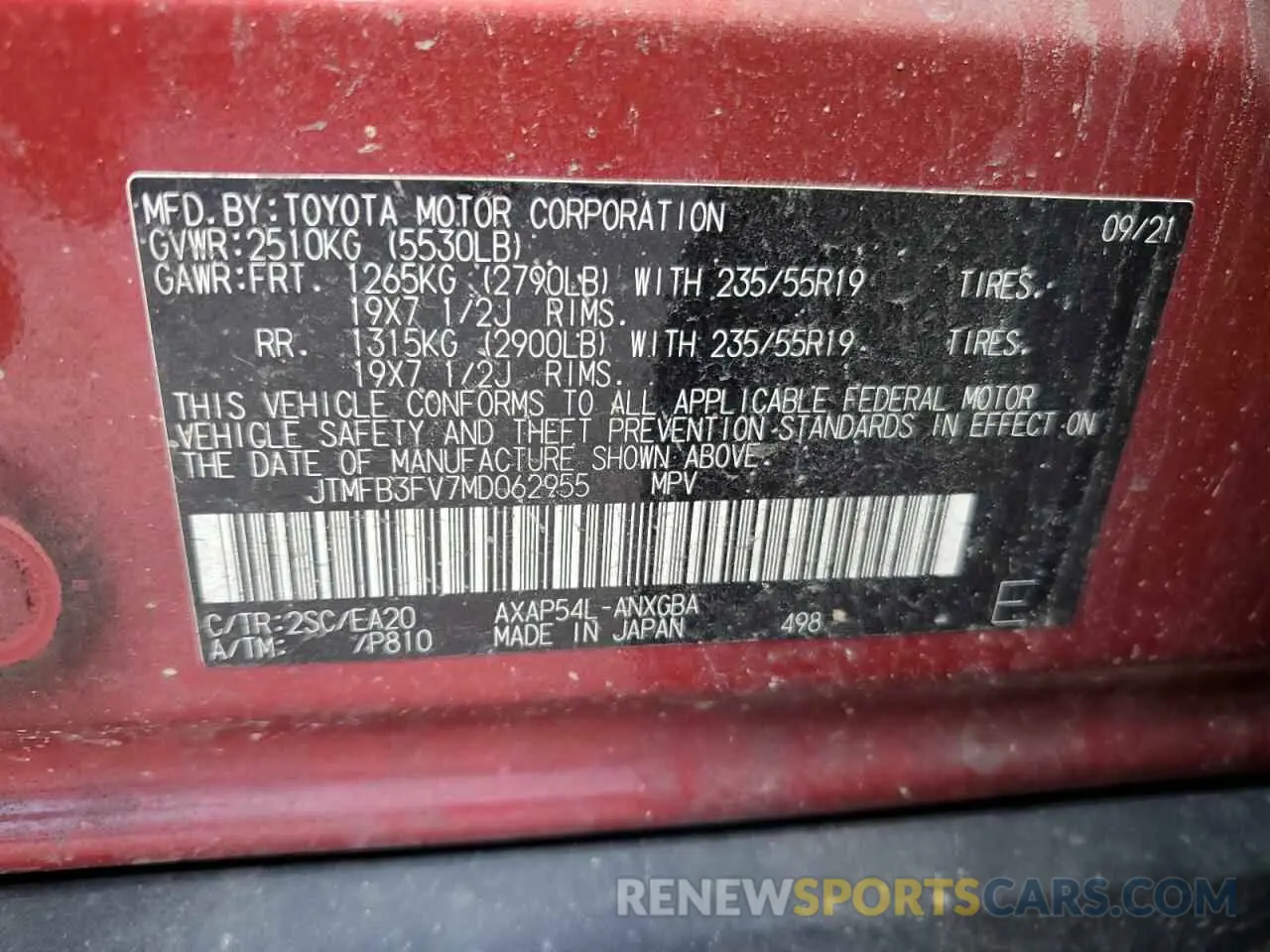13 Photograph of a damaged car JTMFB3FV7MD062955 TOYOTA RAV4 2021