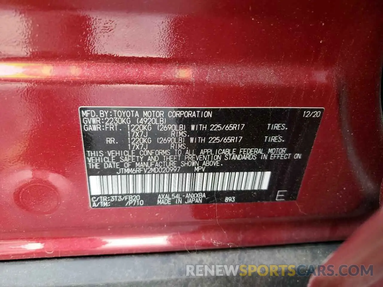 13 Photograph of a damaged car JTMM6RFV2MD020997 TOYOTA RAV4 2021
