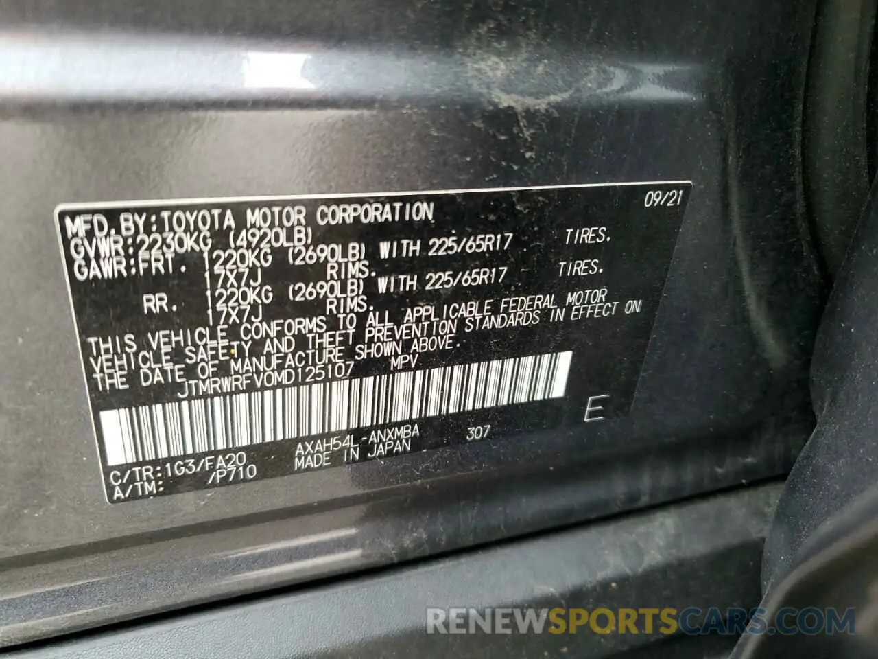 14 Photograph of a damaged car JTMRWRFV0MD125107 TOYOTA RAV4 2021
