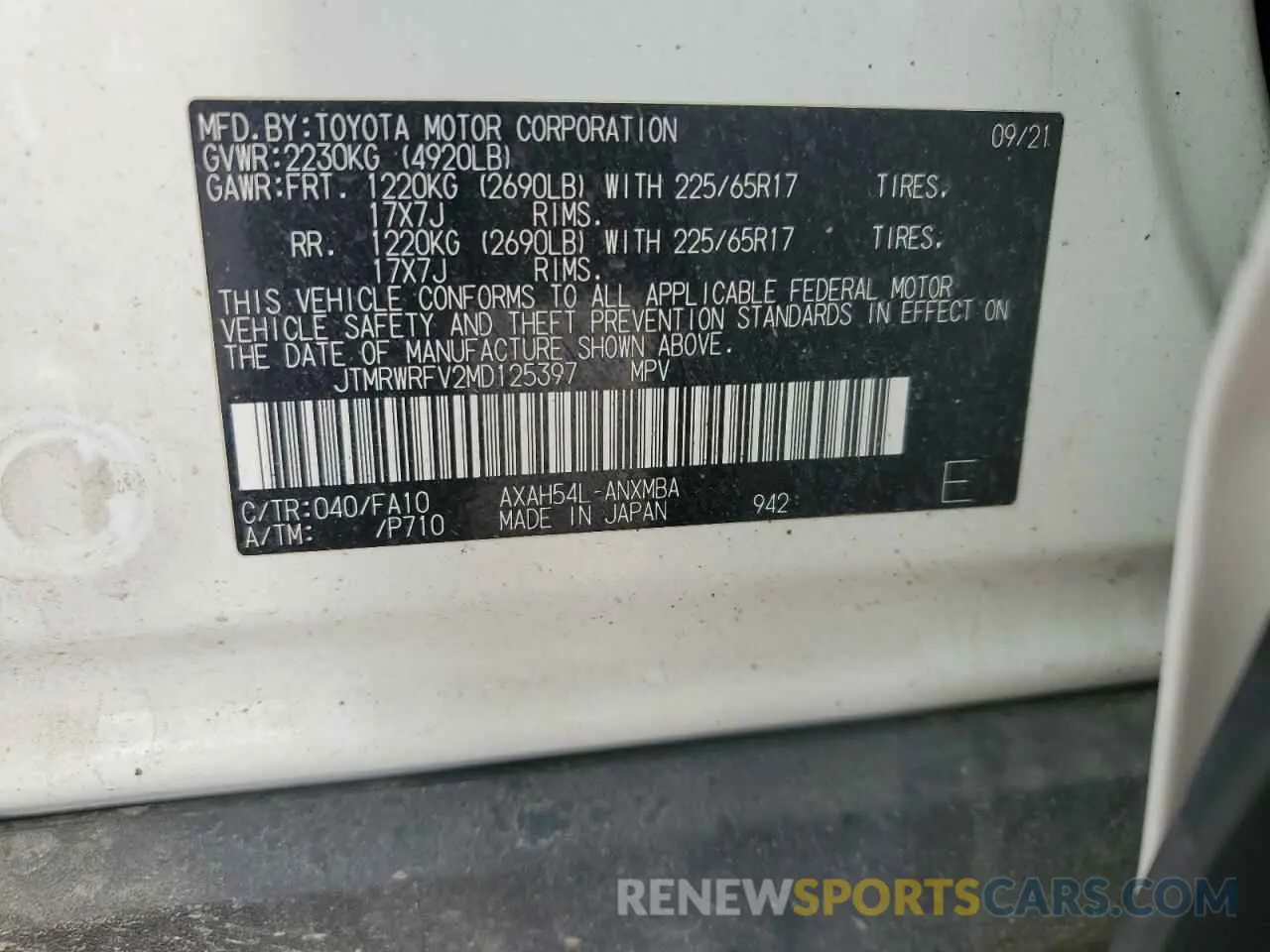 14 Photograph of a damaged car JTMRWRFV2MD125397 TOYOTA RAV4 2021