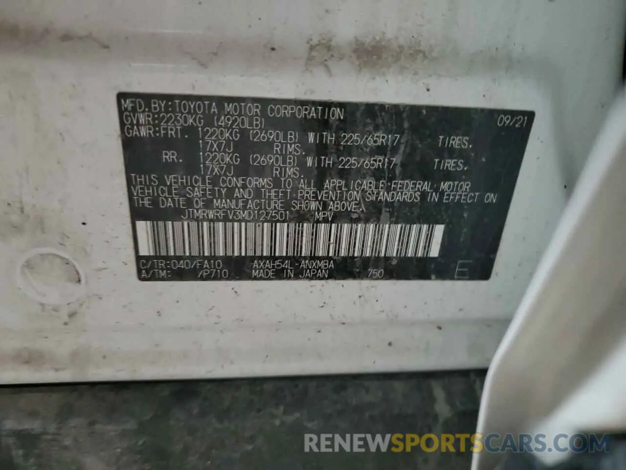 15 Photograph of a damaged car JTMRWRFV3MD127501 TOYOTA RAV4 2021