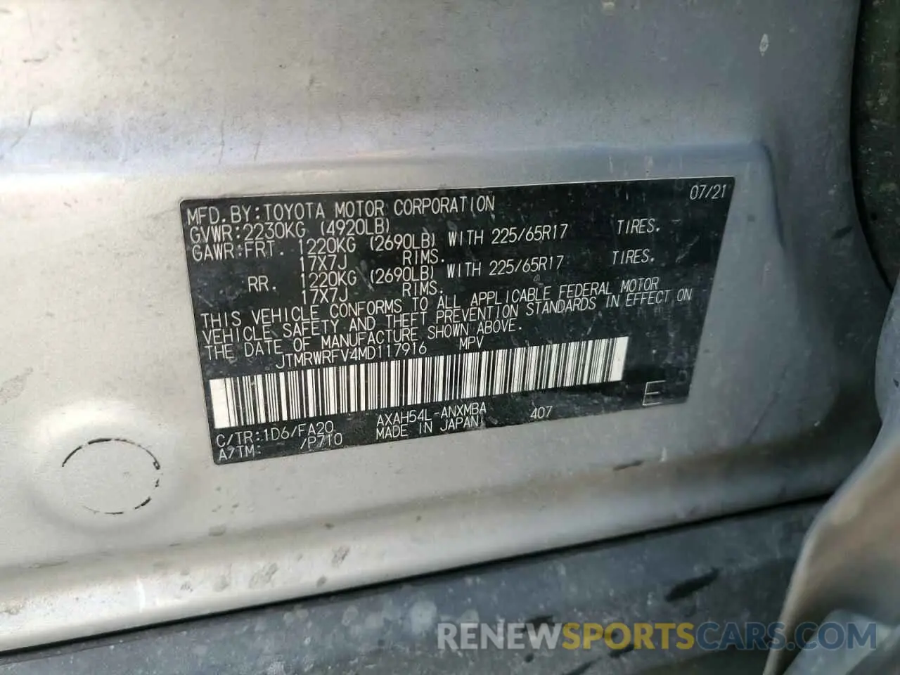 12 Photograph of a damaged car JTMRWRFV4MD117916 TOYOTA RAV4 2021