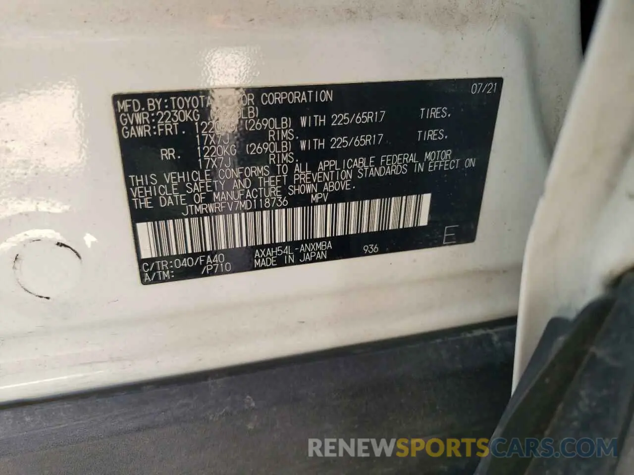14 Photograph of a damaged car JTMRWRFV7MD118736 TOYOTA RAV4 2021