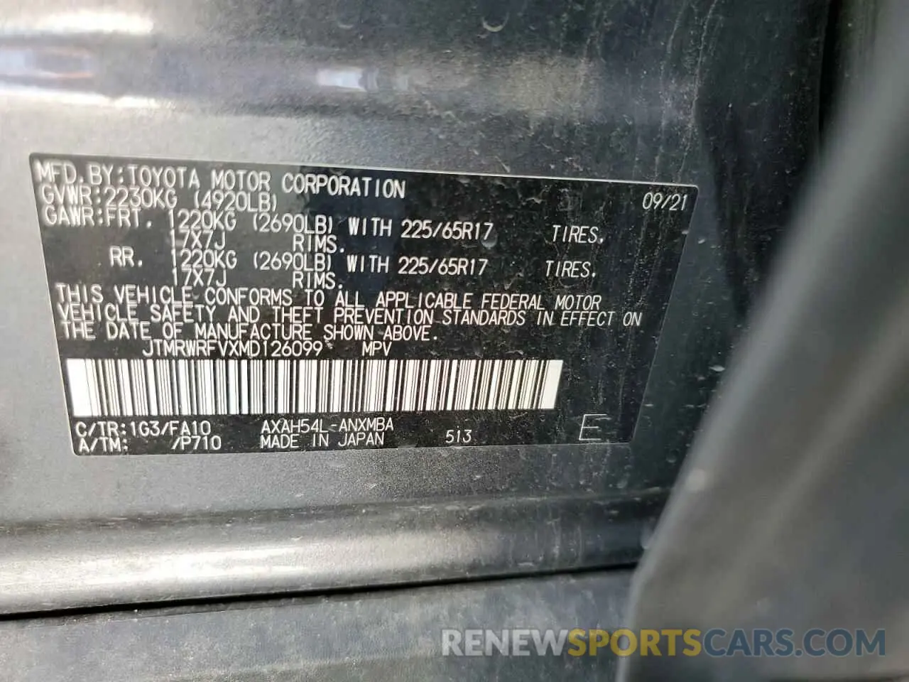 13 Photograph of a damaged car JTMRWRFVXMD126099 TOYOTA RAV4 2021