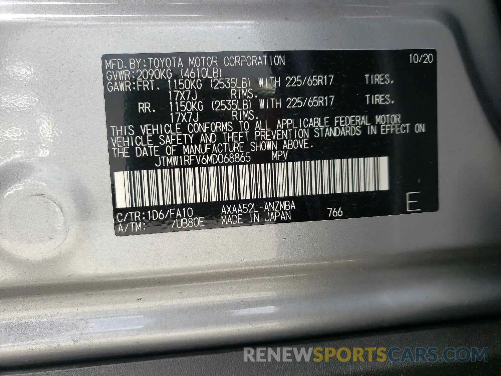 10 Photograph of a damaged car JTMW1RFV6MD068865 TOYOTA RAV4 2021