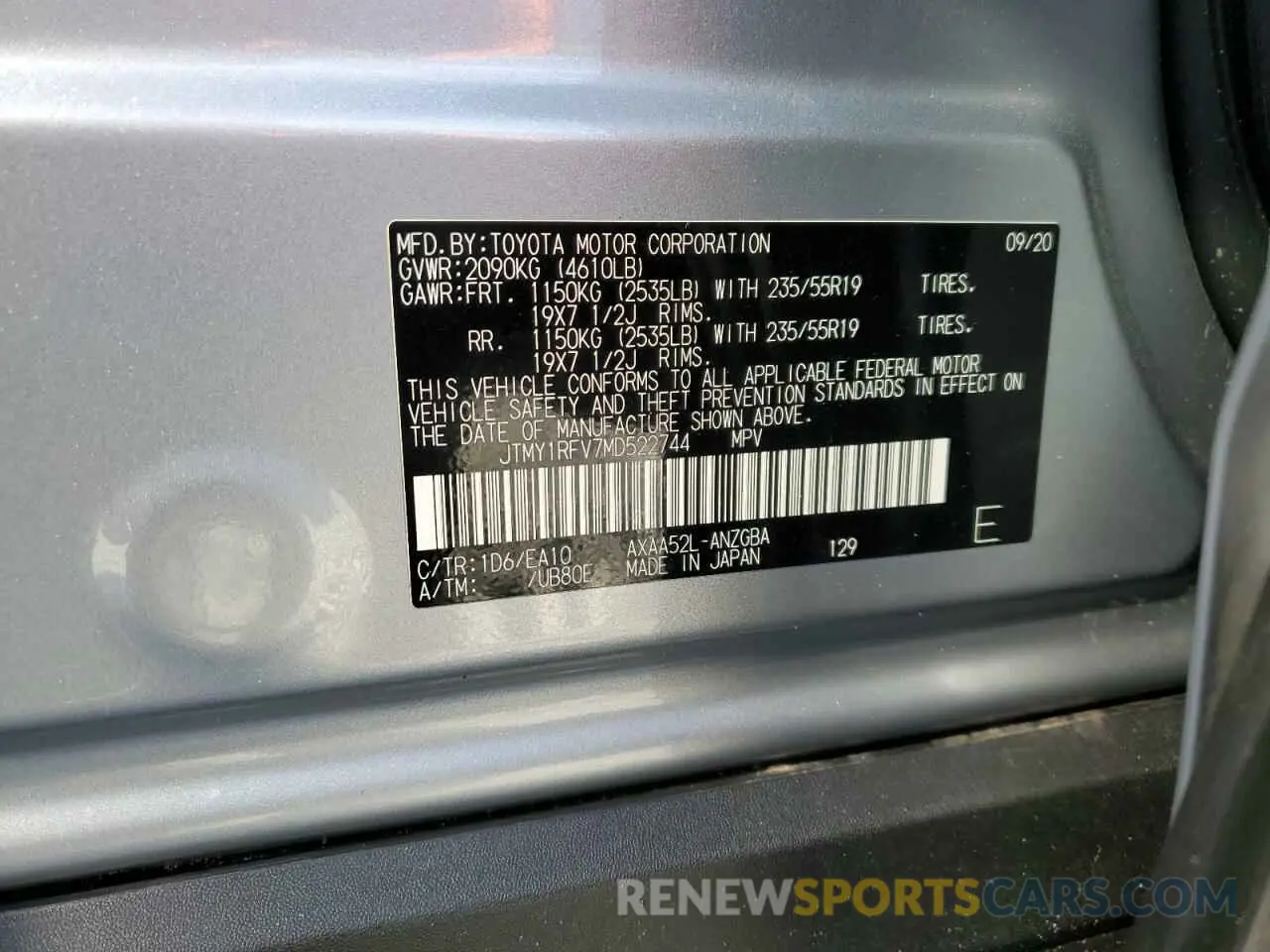 13 Photograph of a damaged car JTMY1RFV7MD522744 TOYOTA RAV4 2021