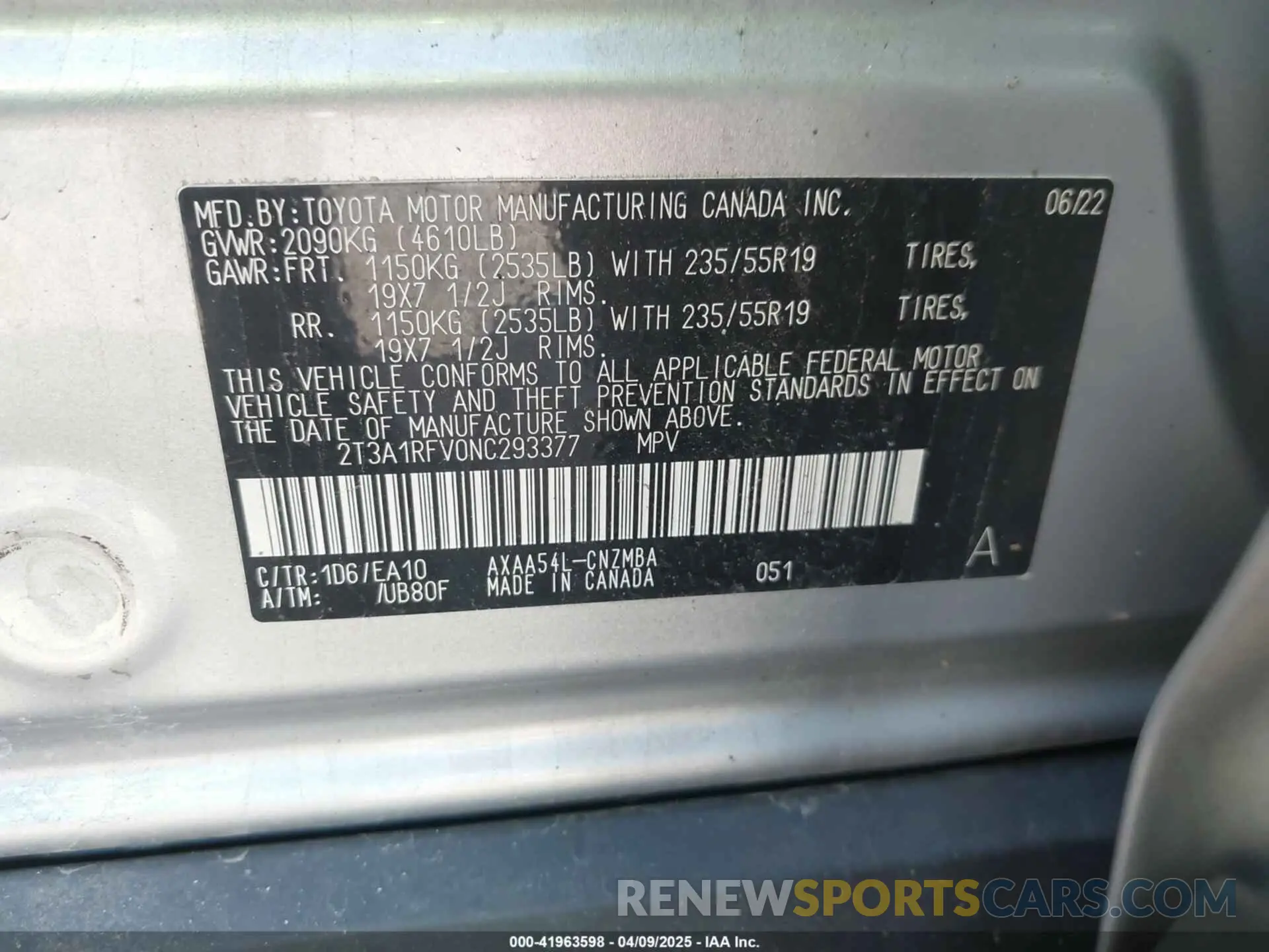 9 Photograph of a damaged car 2T3A1RFV0NC293377 TOYOTA RAV4 2022