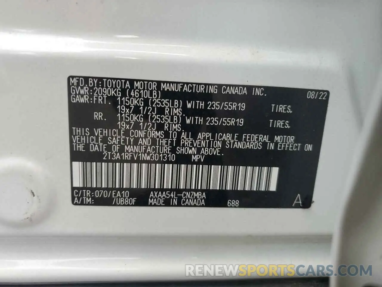 14 Photograph of a damaged car 2T3A1RFV1NW301310 TOYOTA RAV4 2022
