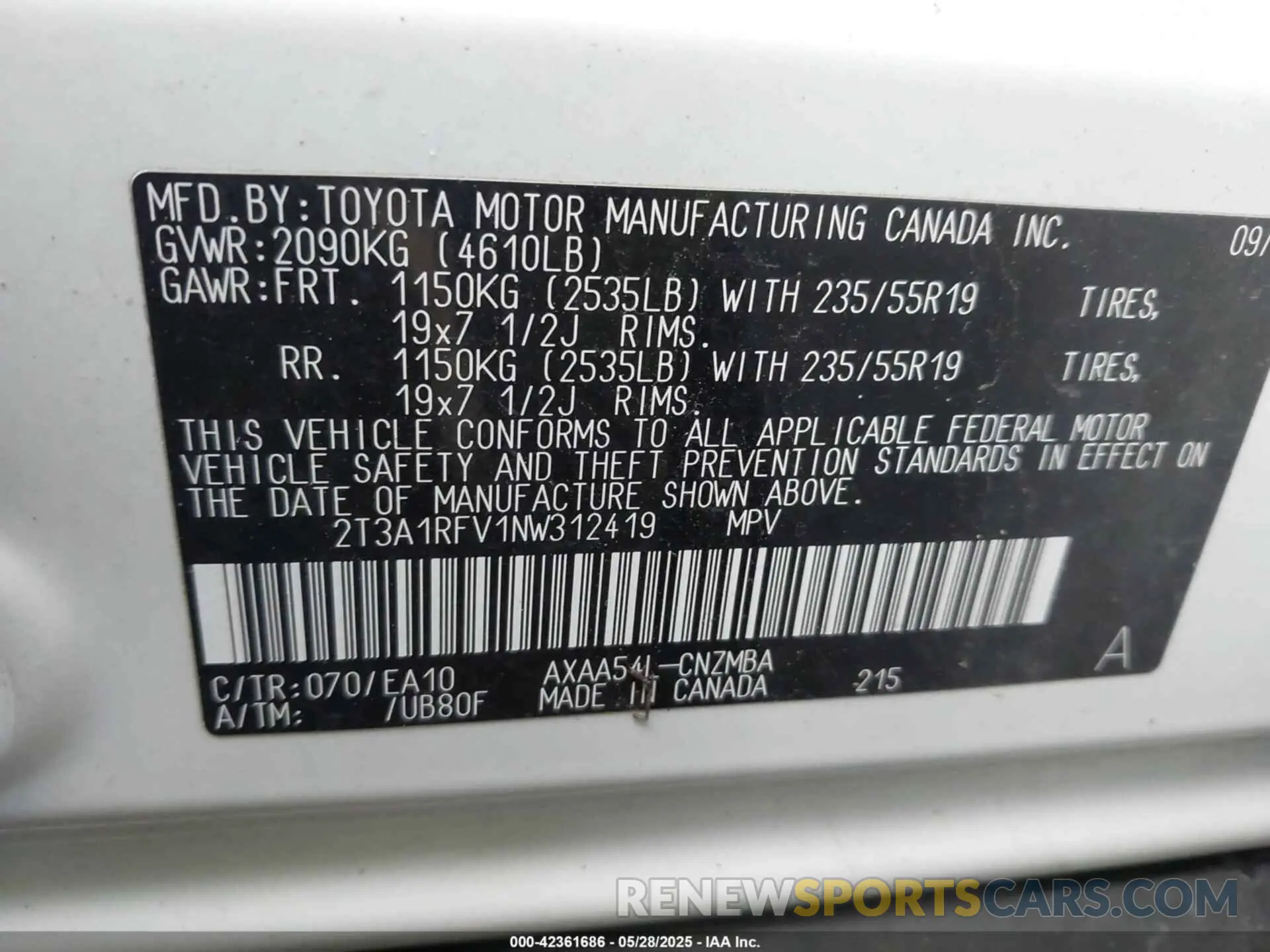9 Photograph of a damaged car 2T3A1RFV1NW312419 TOYOTA RAV4 2022
