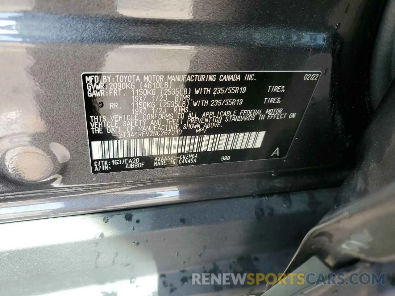 16 Photograph of a damaged car 2T3A1RFV2NC267010 TOYOTA RAV4 2022