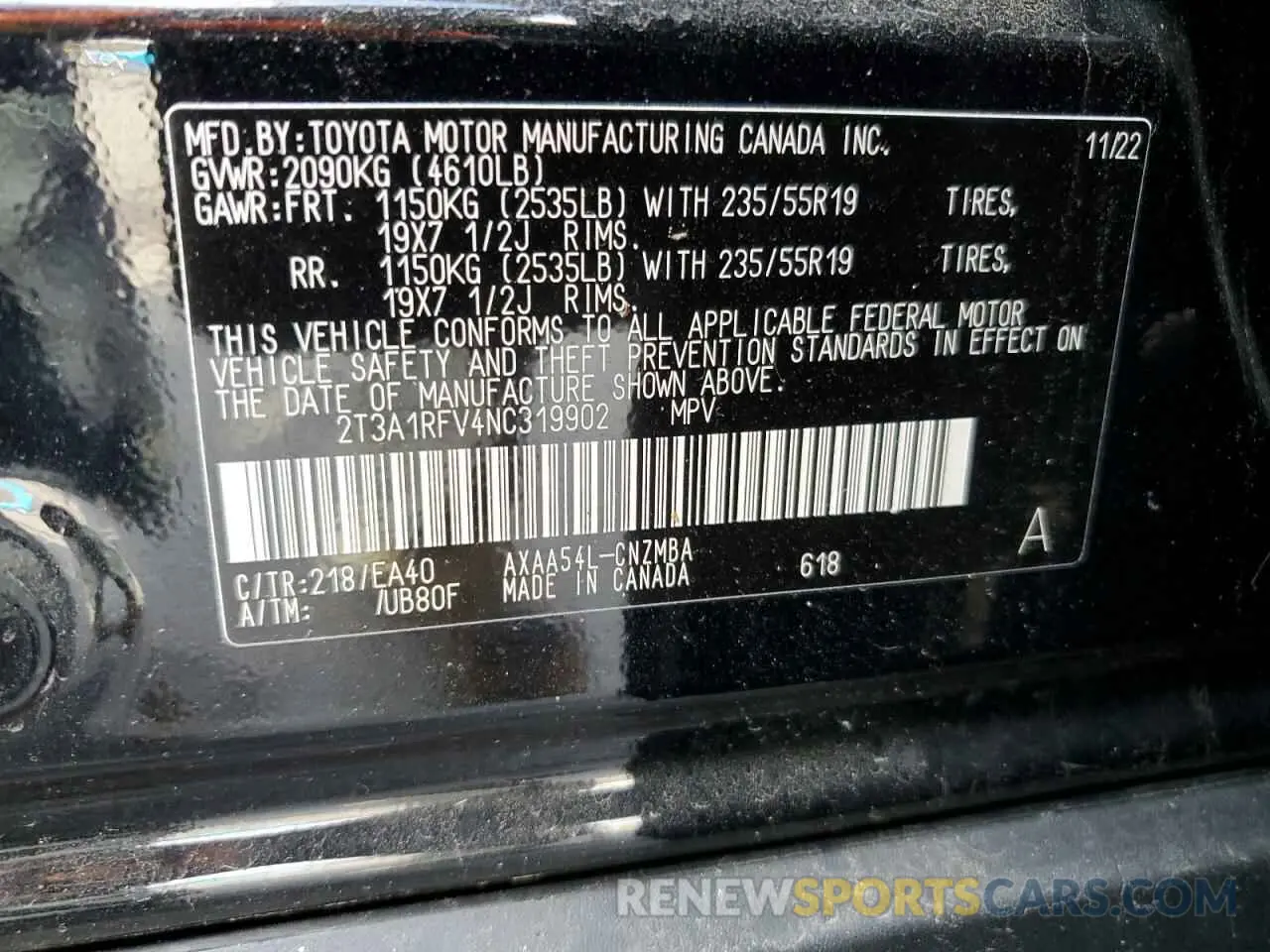 13 Photograph of a damaged car 2T3A1RFV4NC319902 TOYOTA RAV4 2022