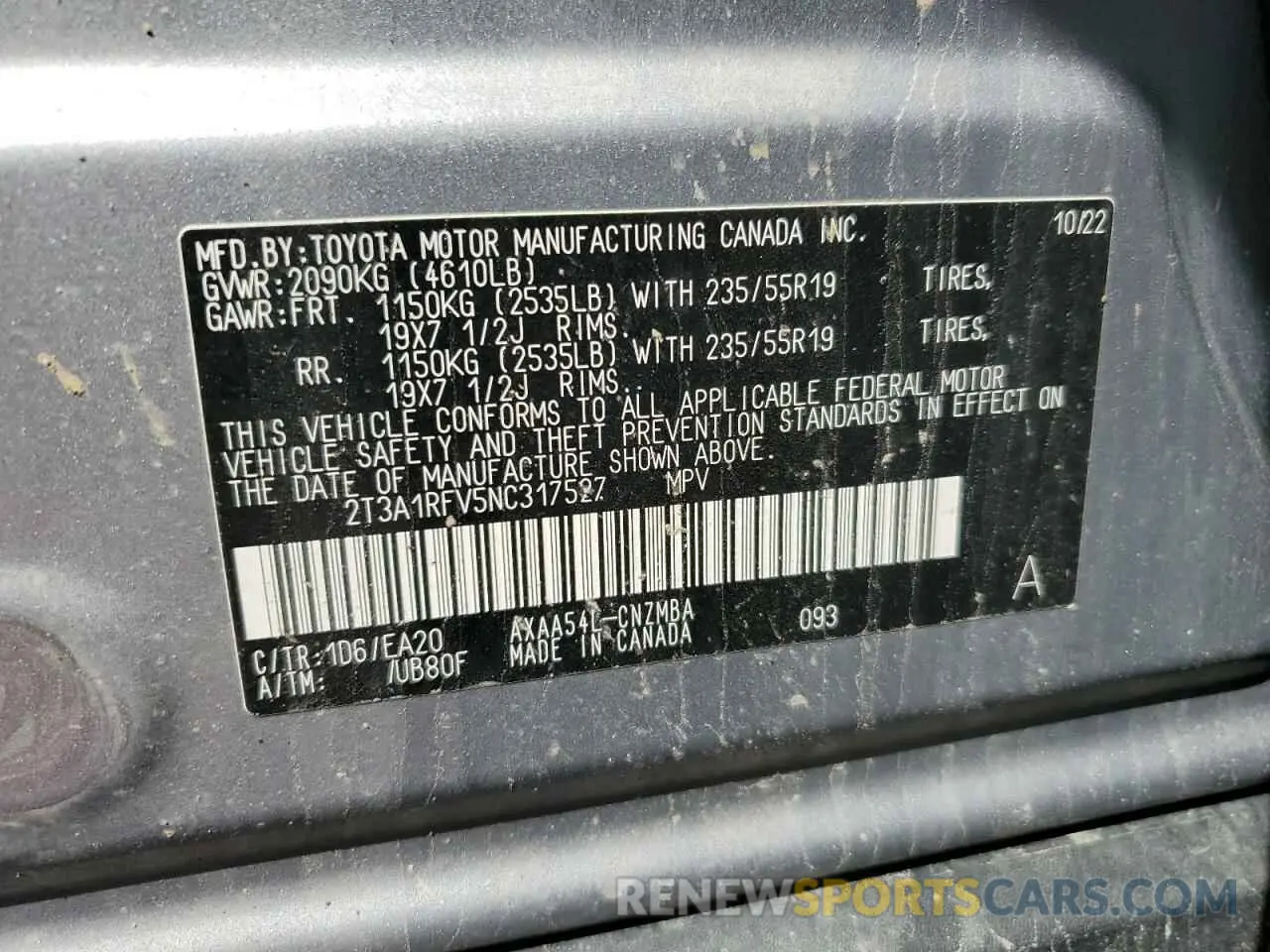 12 Photograph of a damaged car 2T3A1RFV5NC317527 TOYOTA RAV4 2022