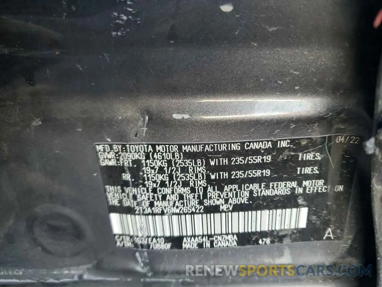 13 Photograph of a damaged car 2T3A1RFV6NW265422 TOYOTA RAV4 2022