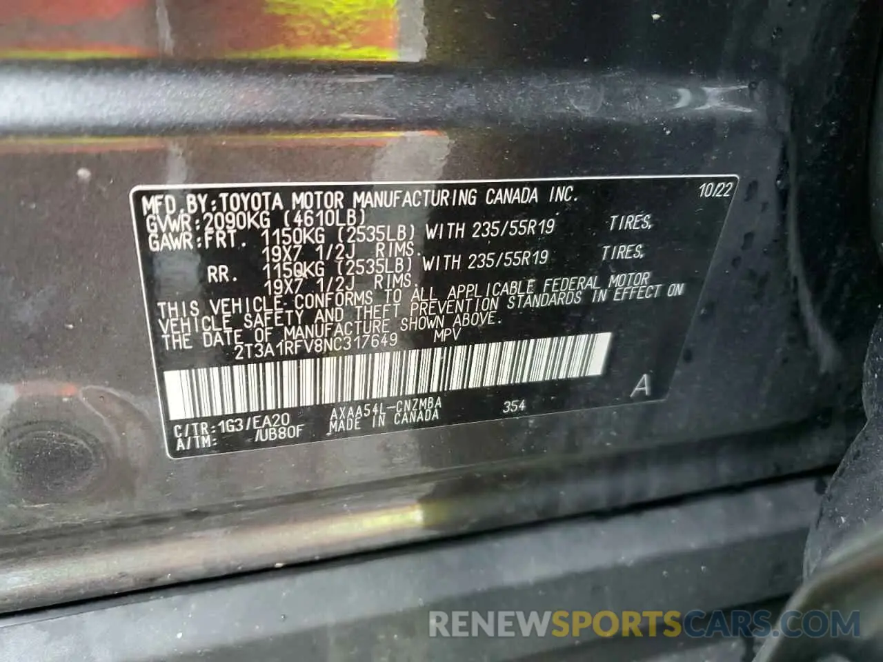 13 Photograph of a damaged car 2T3A1RFV8NC317649 TOYOTA RAV4 2022