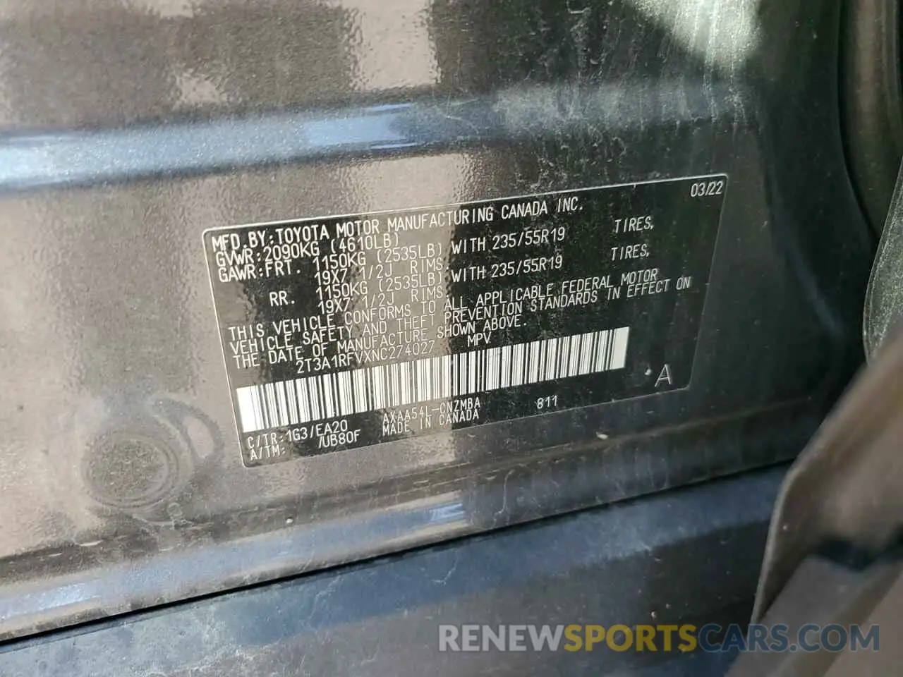 12 Photograph of a damaged car 2T3A1RFVXNC274027 TOYOTA RAV4 2022