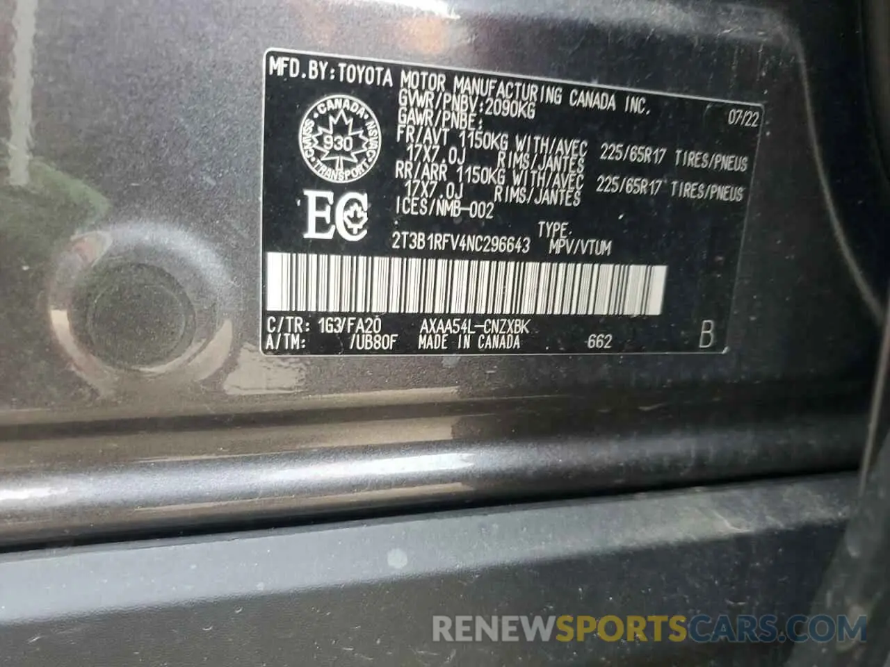 14 Photograph of a damaged car 2T3B1RFV4NC296643 TOYOTA RAV4 2022