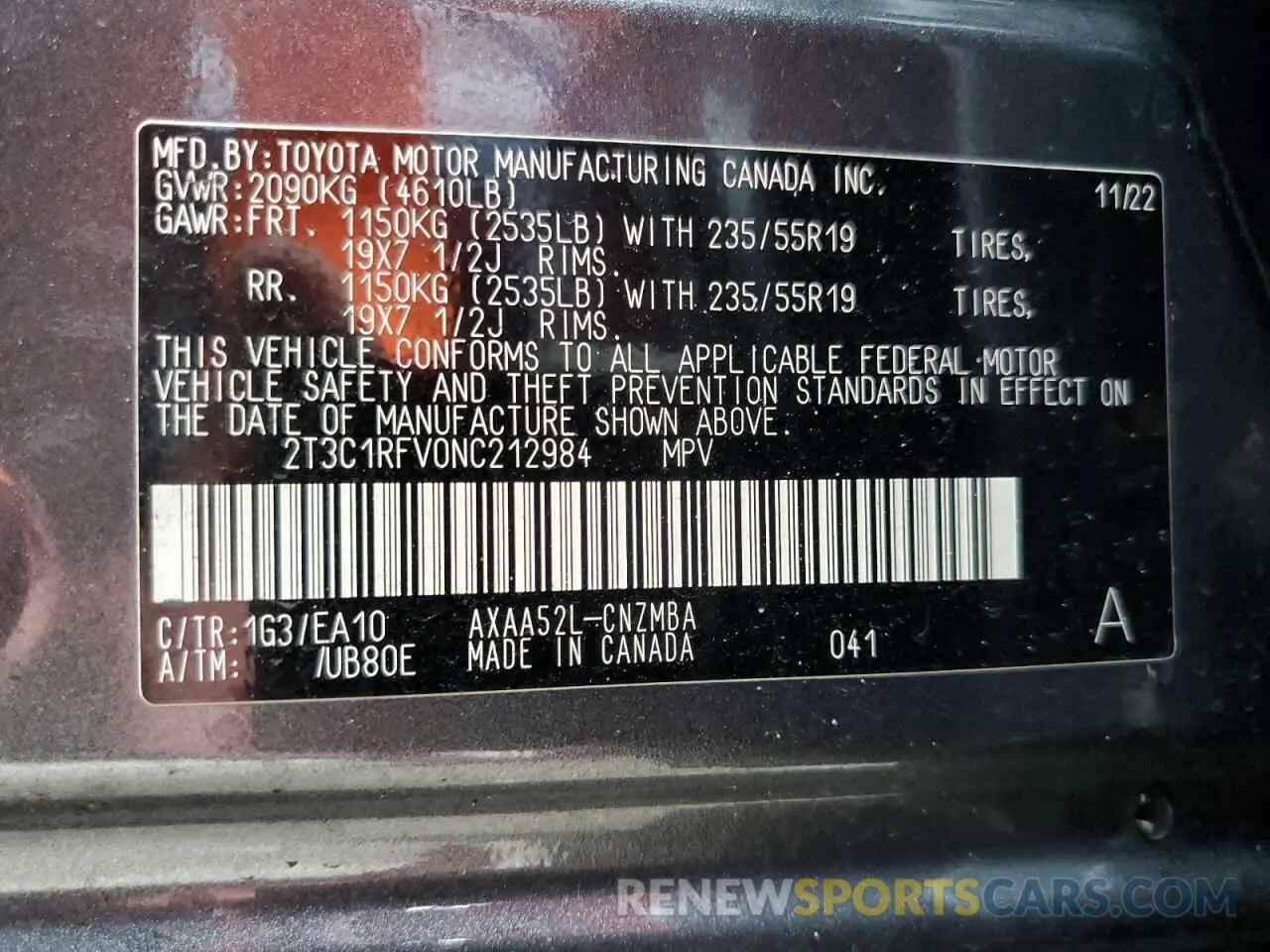 13 Photograph of a damaged car 2T3C1RFV0NC212984 TOYOTA RAV4 2022