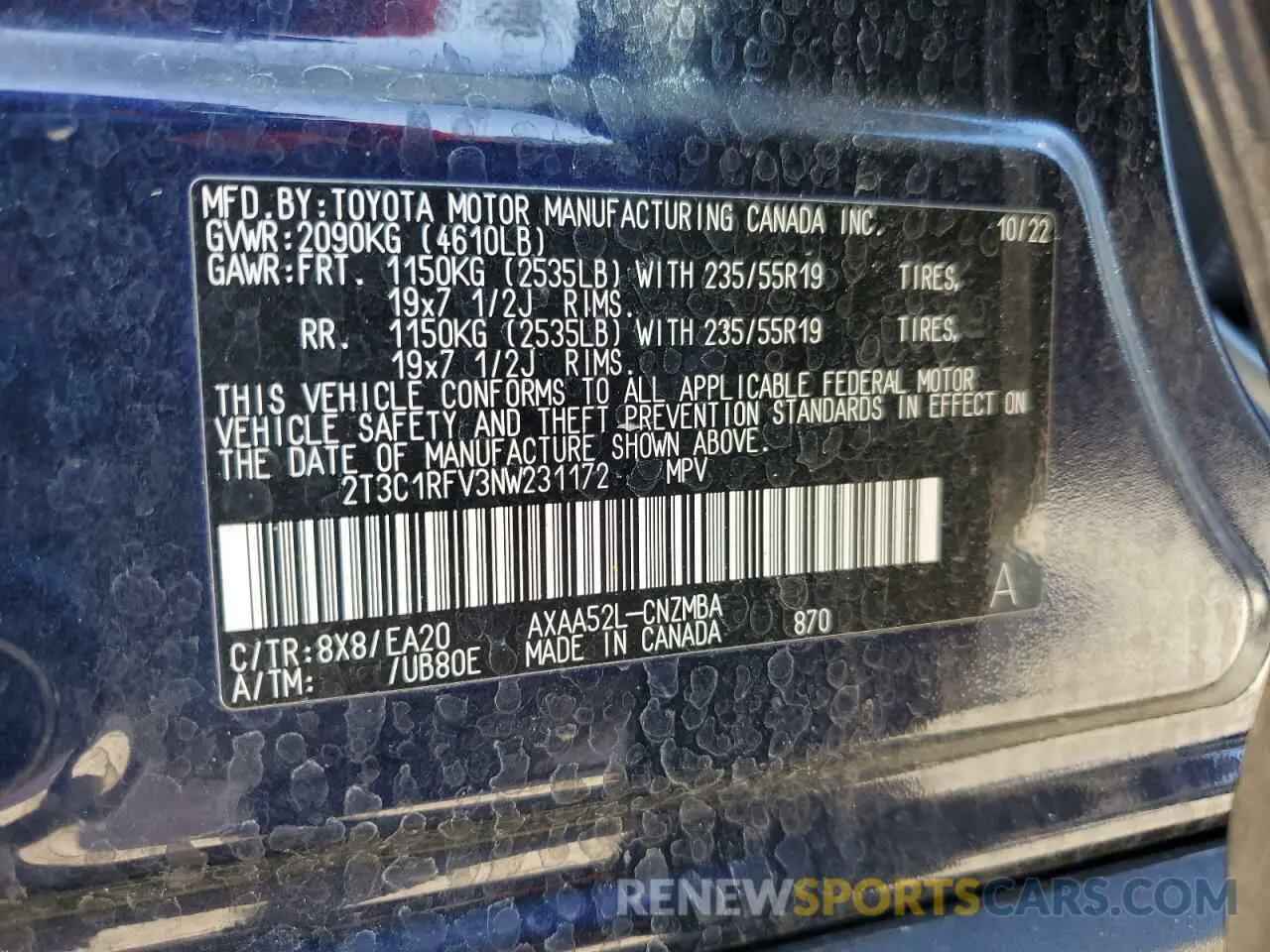 13 Photograph of a damaged car 2T3C1RFV3NW231172 TOYOTA RAV4 2022