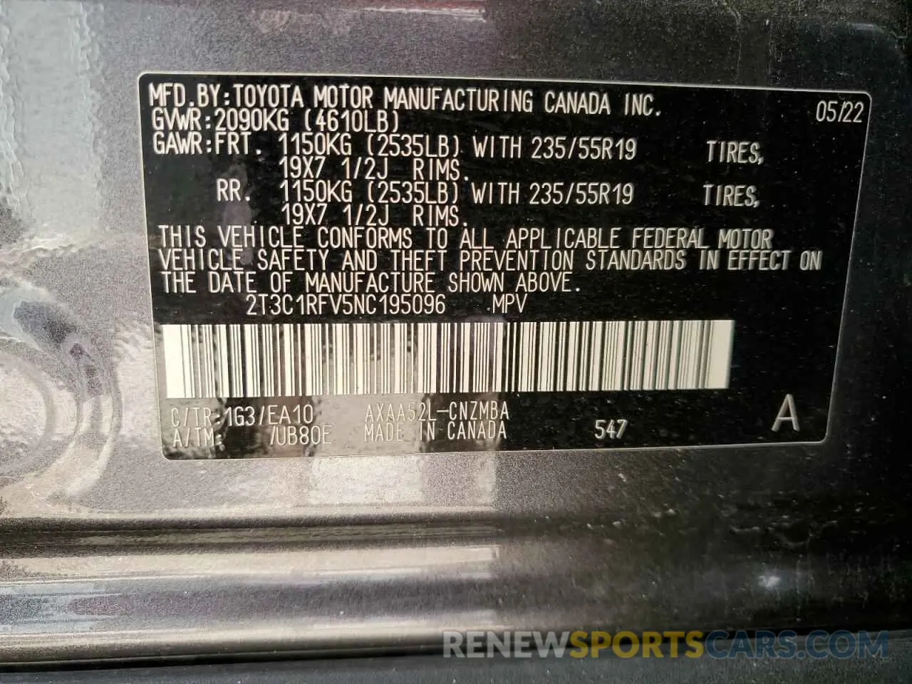 14 Photograph of a damaged car 2T3C1RFV5NC195096 TOYOTA RAV4 2022