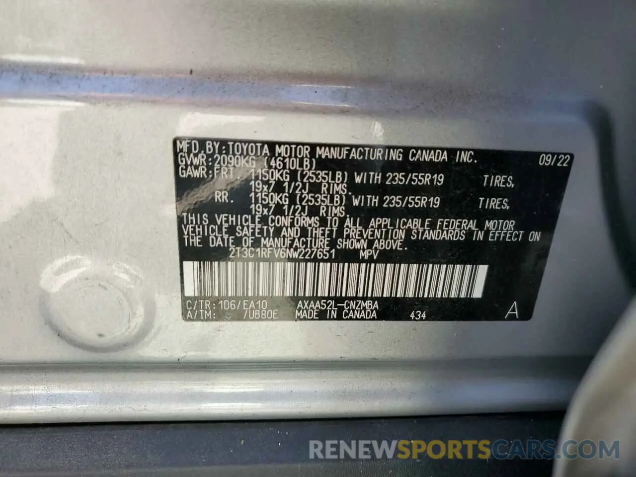 13 Photograph of a damaged car 2T3C1RFV6NW227651 TOYOTA RAV4 2022