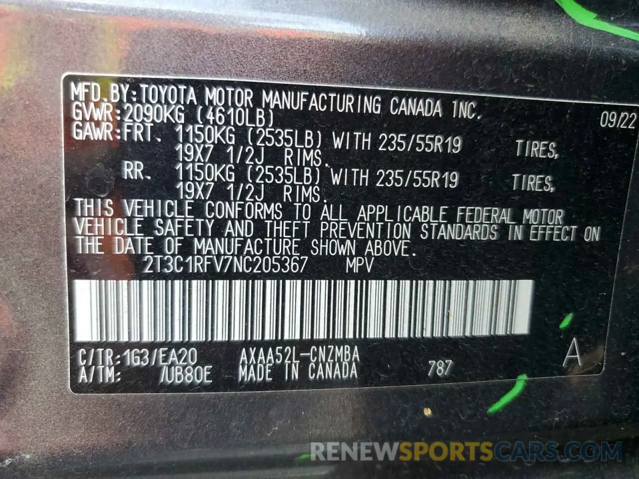 12 Photograph of a damaged car 2T3C1RFV7NC205367 TOYOTA RAV4 2022