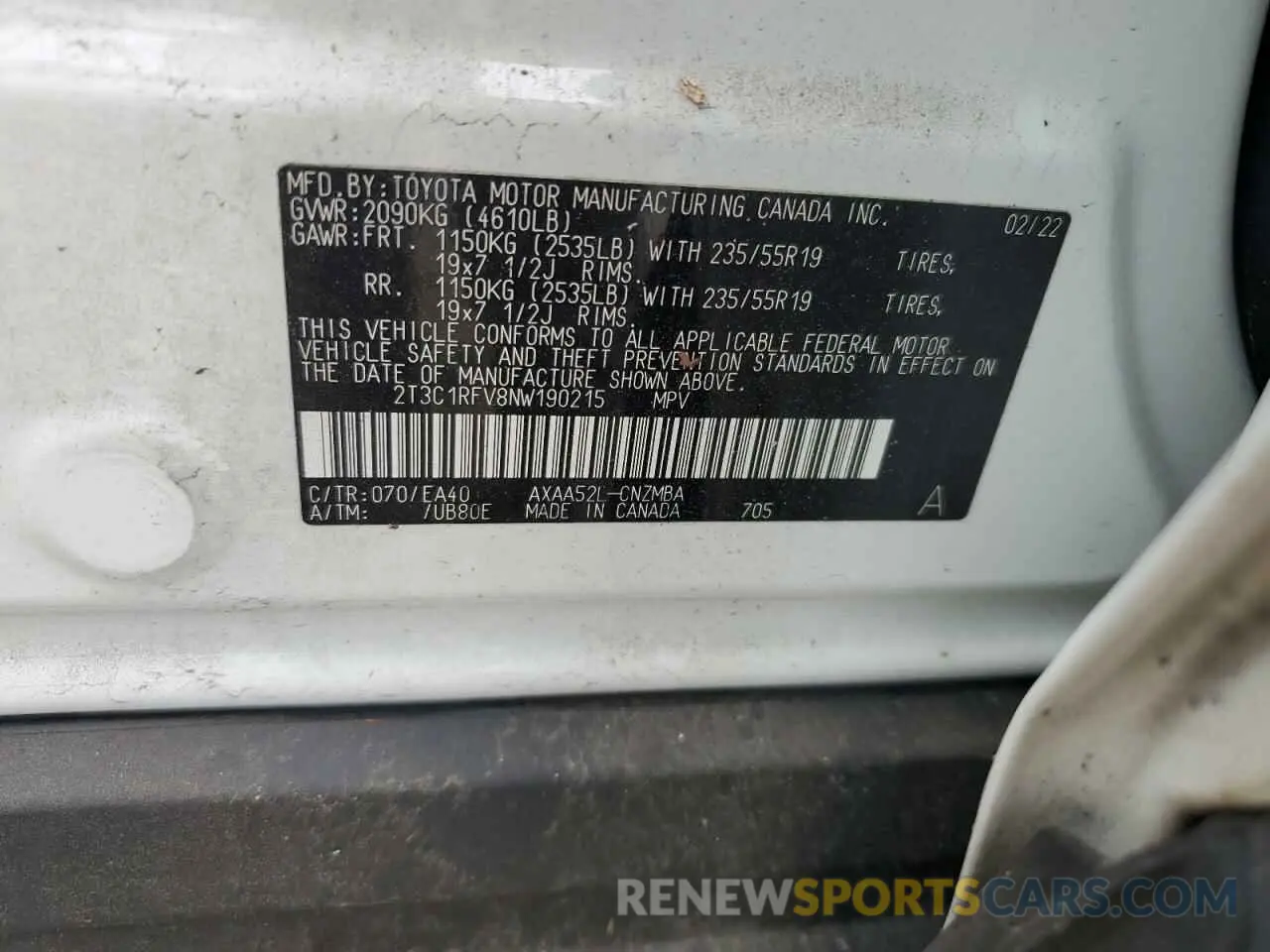 13 Photograph of a damaged car 2T3C1RFV8NW190215 TOYOTA RAV4 2022