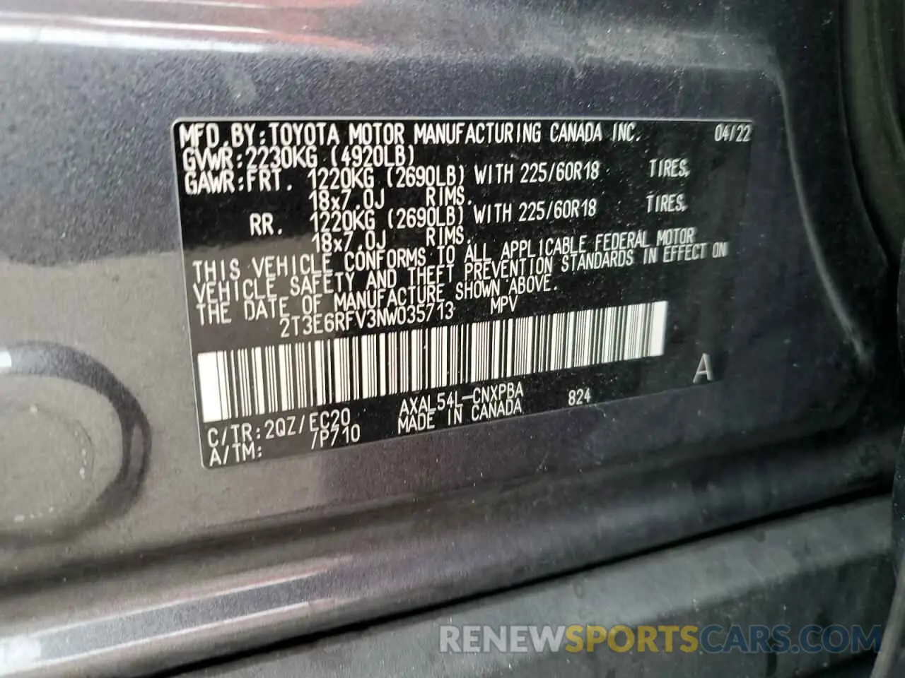 13 Photograph of a damaged car 2T3E6RFV3NW035713 TOYOTA RAV4 2022