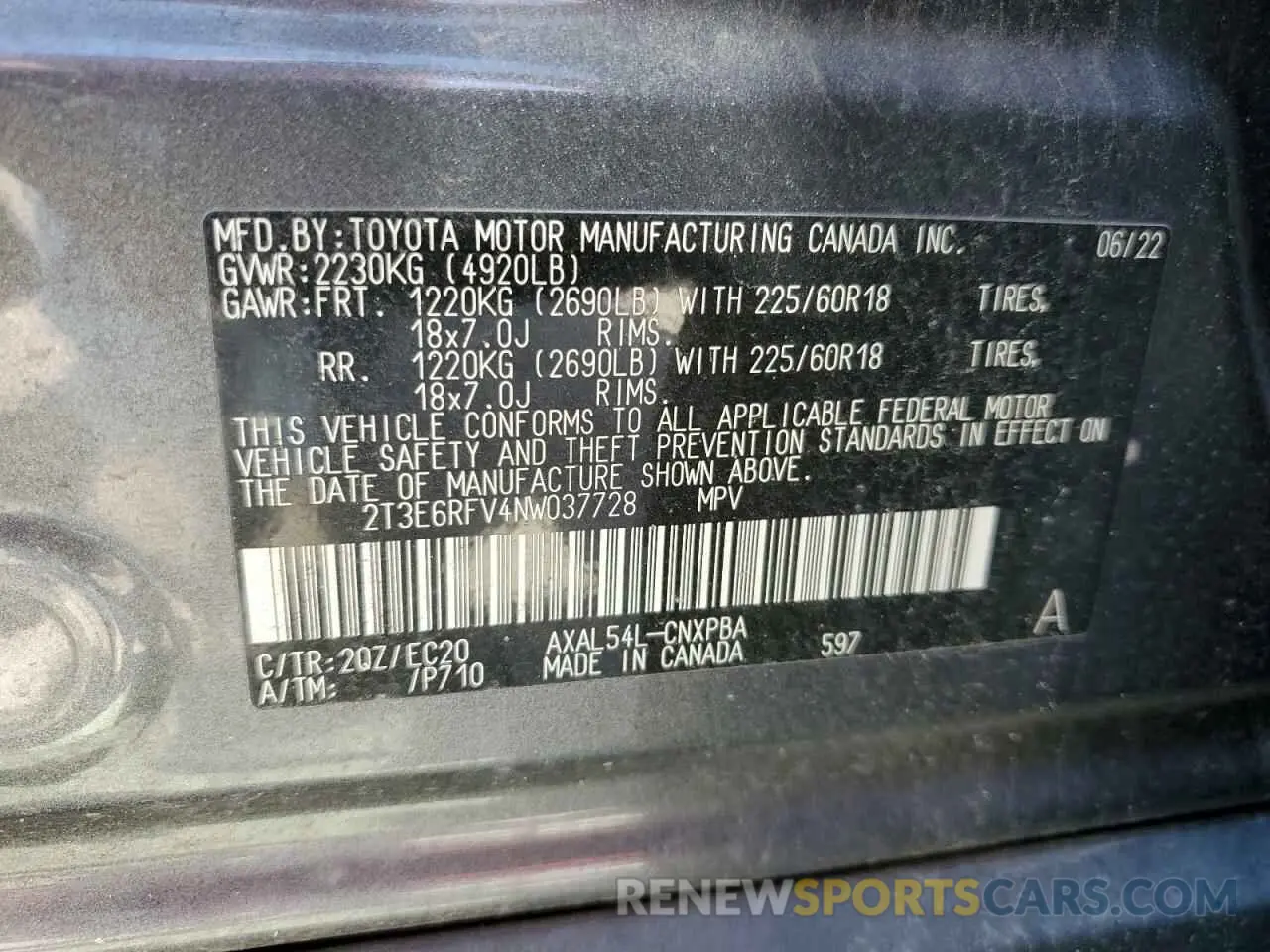 14 Photograph of a damaged car 2T3E6RFV4NW037728 TOYOTA RAV4 2022