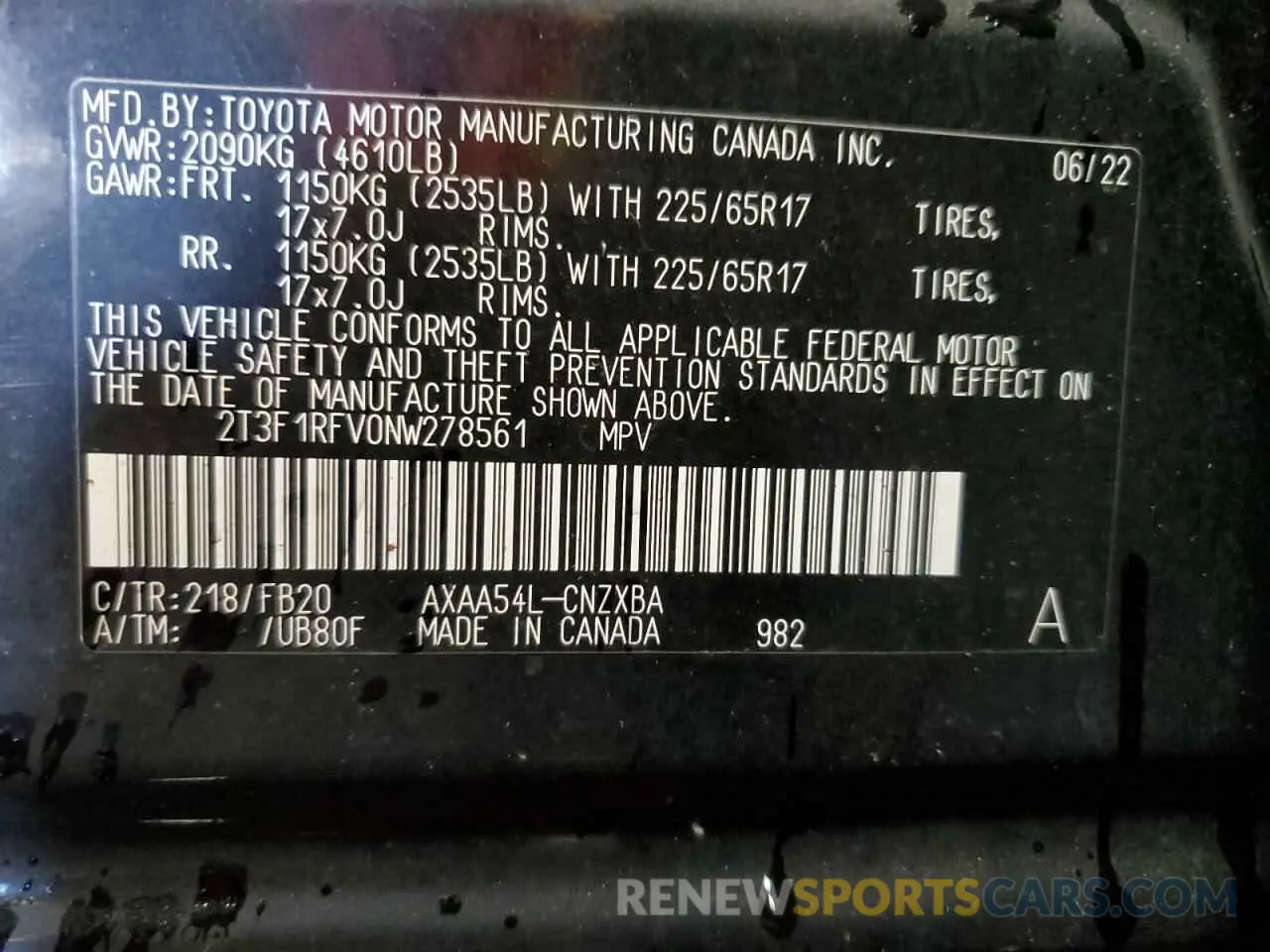 14 Photograph of a damaged car 2T3F1RFV0NW278561 TOYOTA RAV4 2022
