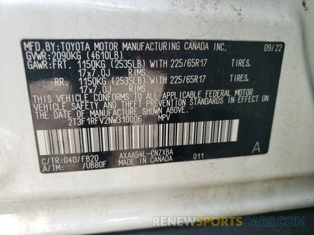 13 Photograph of a damaged car 2T3F1RFV2NW310006 TOYOTA RAV4 2022