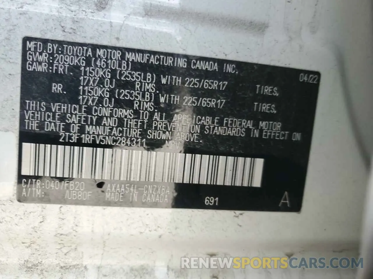 13 Photograph of a damaged car 2T3F1RFV5NC284311 TOYOTA RAV4 2022