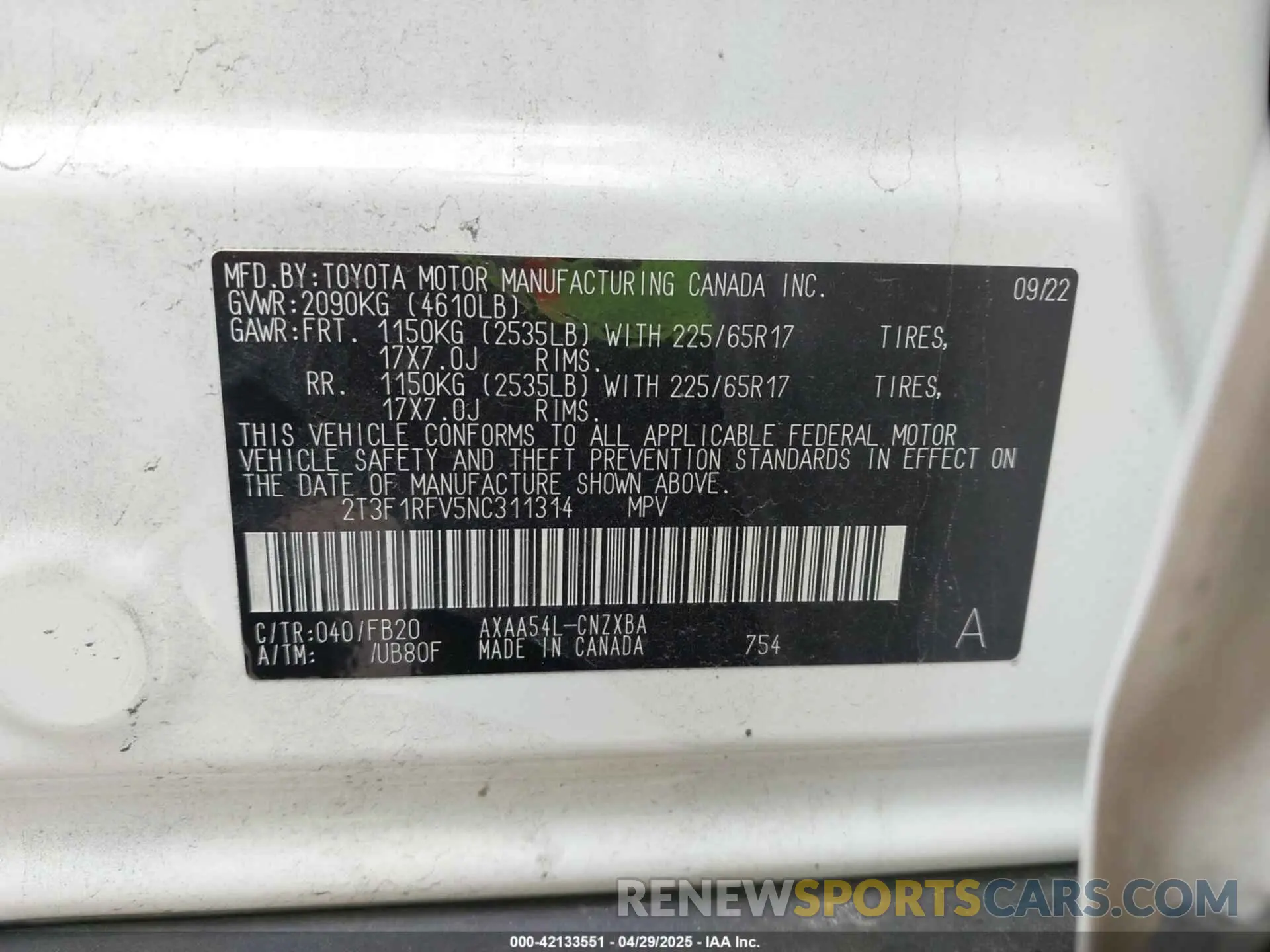 9 Photograph of a damaged car 2T3F1RFV5NC311314 TOYOTA RAV4 2022