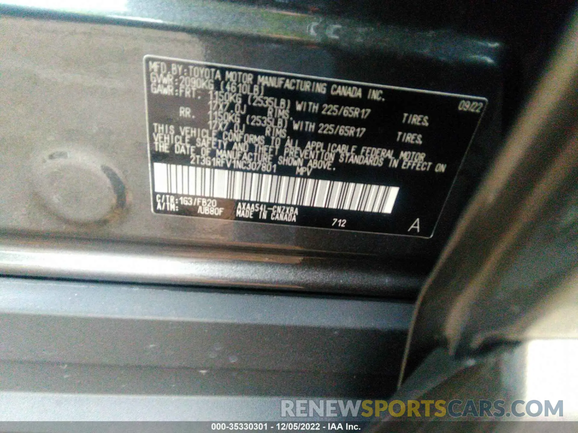 9 Photograph of a damaged car 2T3G1RFV1NC307801 TOYOTA RAV4 2022