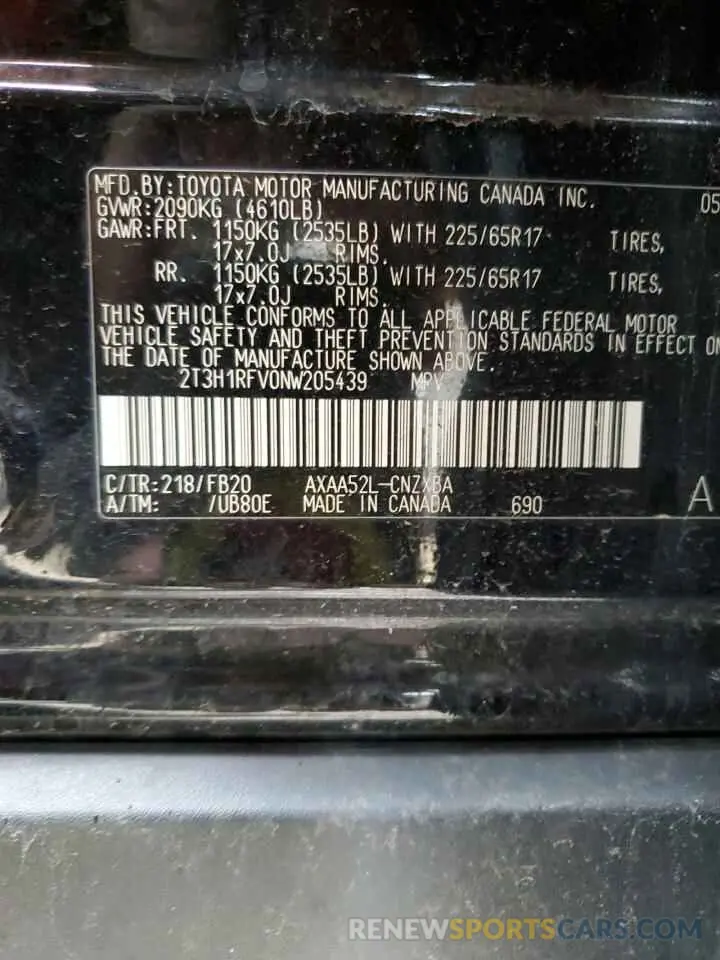13 Photograph of a damaged car 2T3H1RFV0NW205439 TOYOTA RAV4 2022
