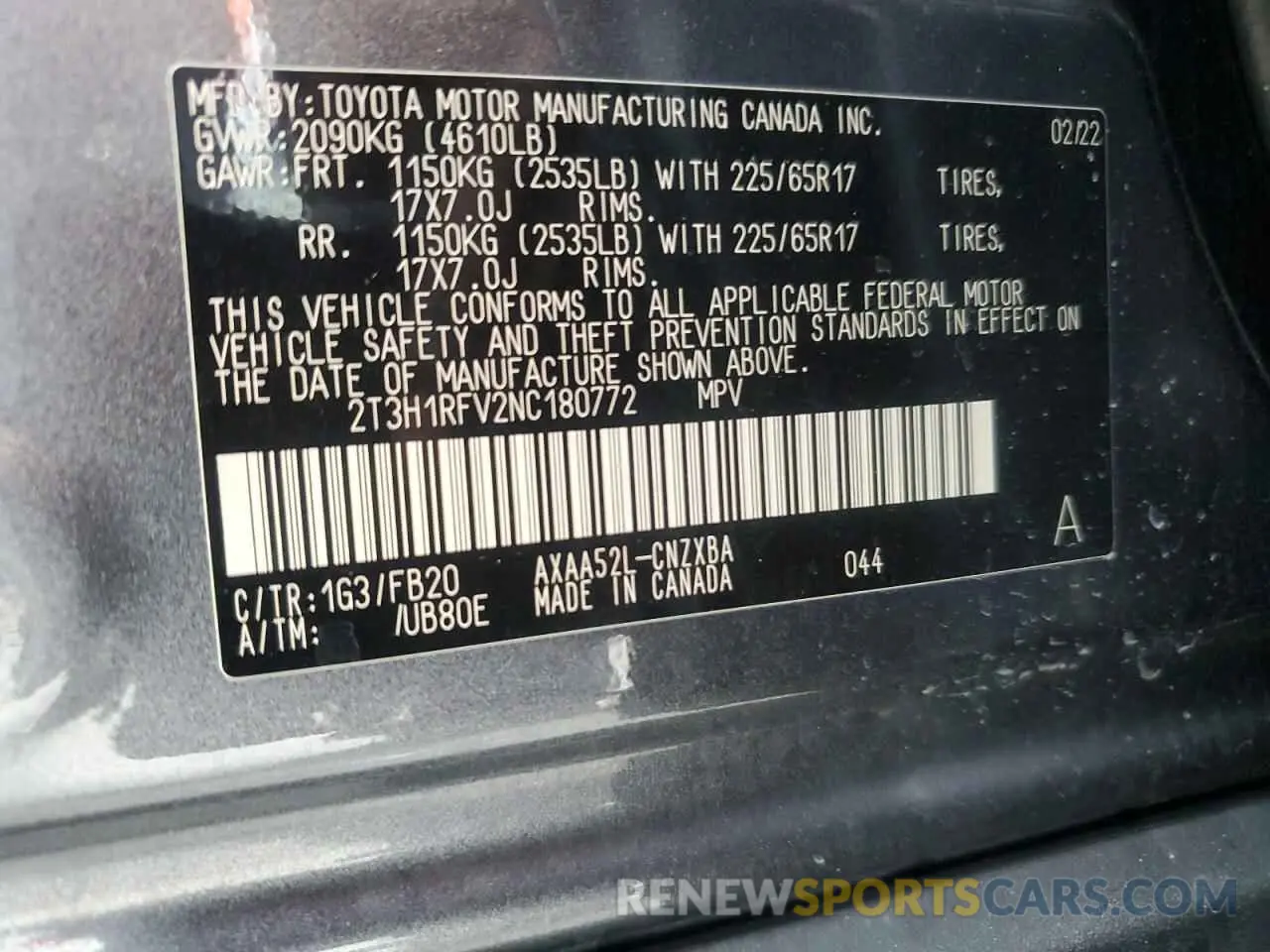 13 Photograph of a damaged car 2T3H1RFV2NC180772 TOYOTA RAV4 2022