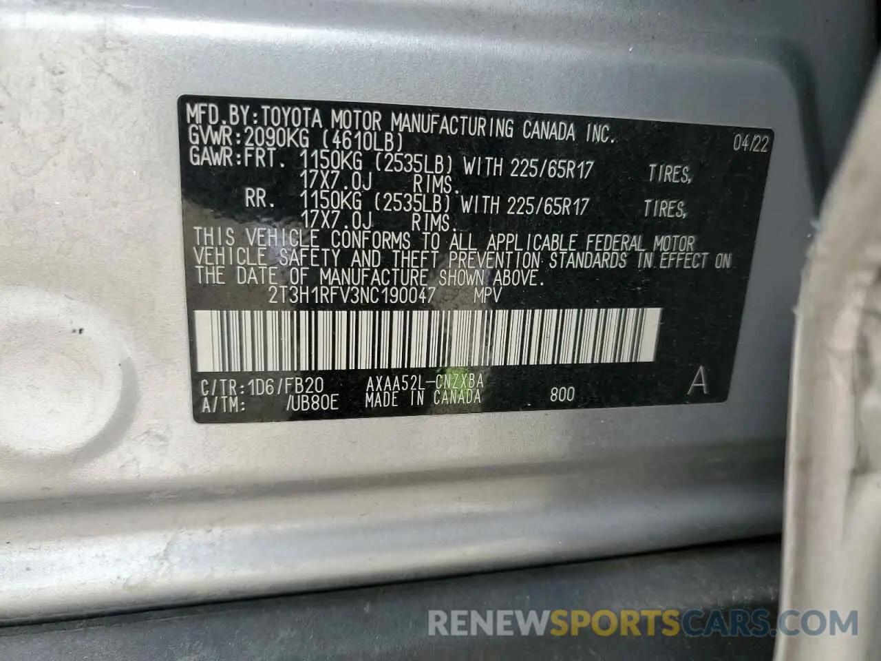 13 Photograph of a damaged car 2T3H1RFV3NC190047 TOYOTA RAV4 2022