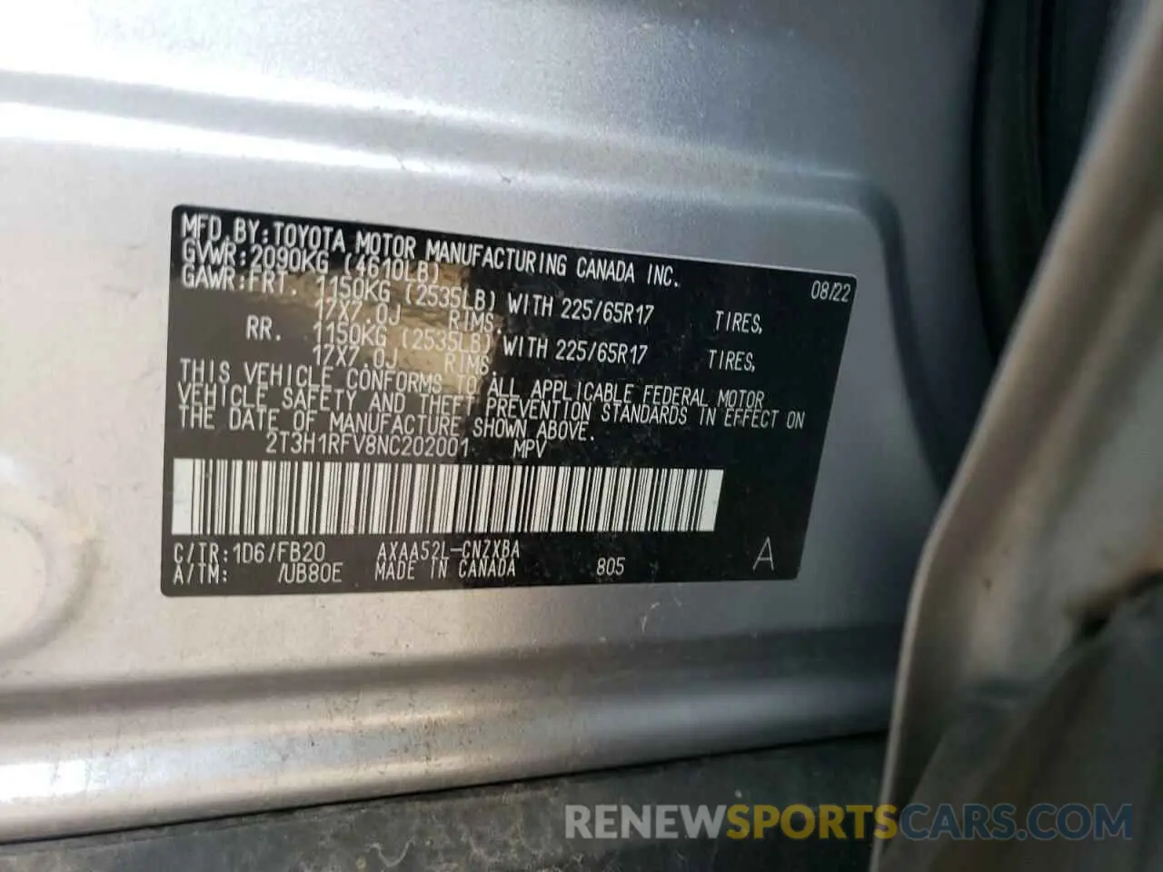 12 Photograph of a damaged car 2T3H1RFV8NC202001 TOYOTA RAV4 2022