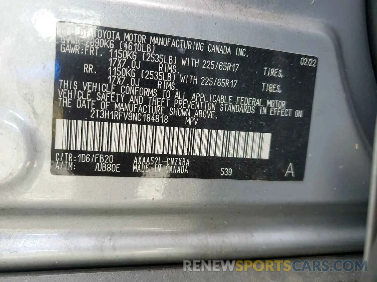 13 Photograph of a damaged car 2T3H1RFV9NC184818 TOYOTA RAV4 2022