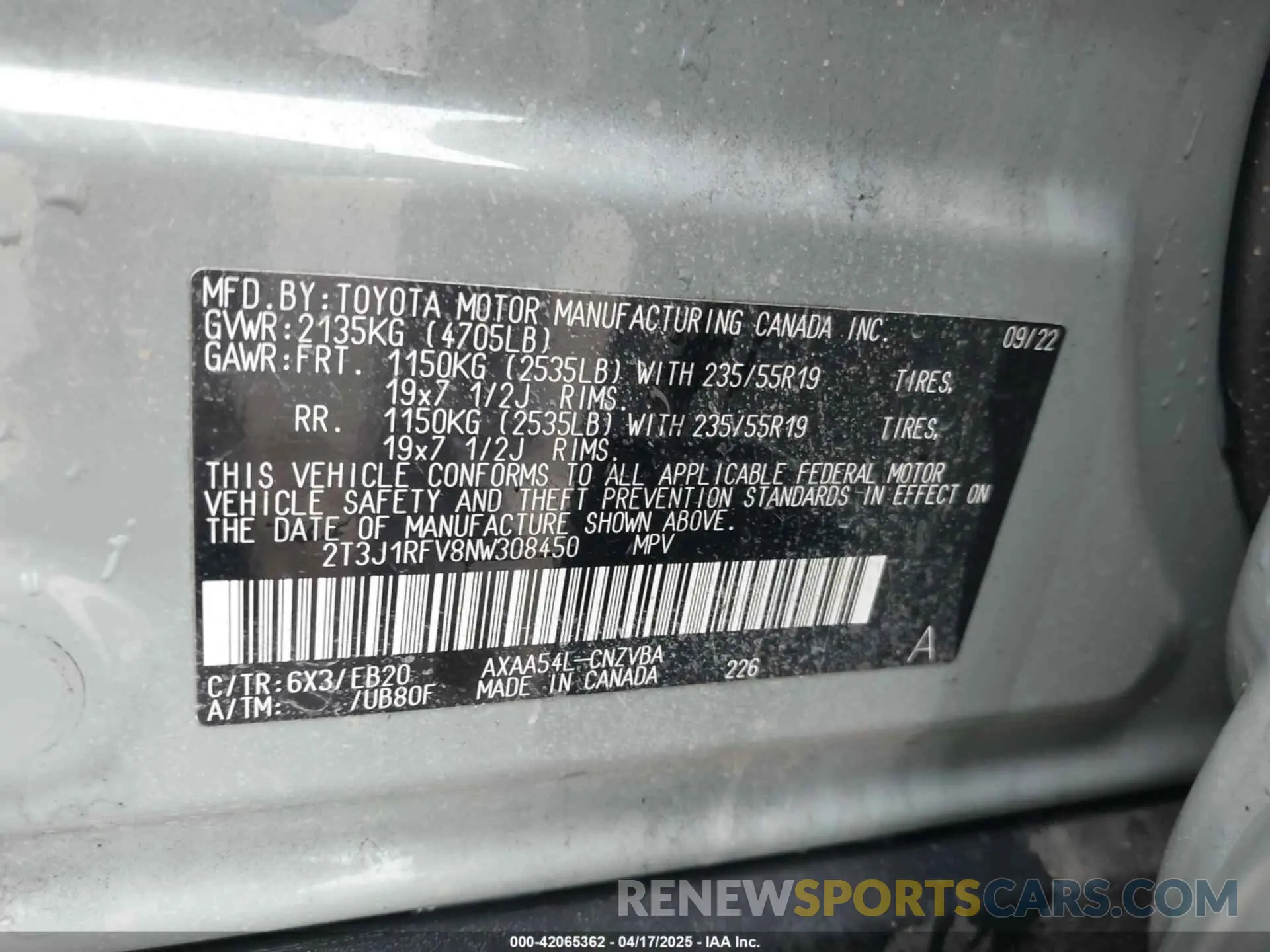 9 Photograph of a damaged car 2T3J1RFV8NW308450 TOYOTA RAV4 2022