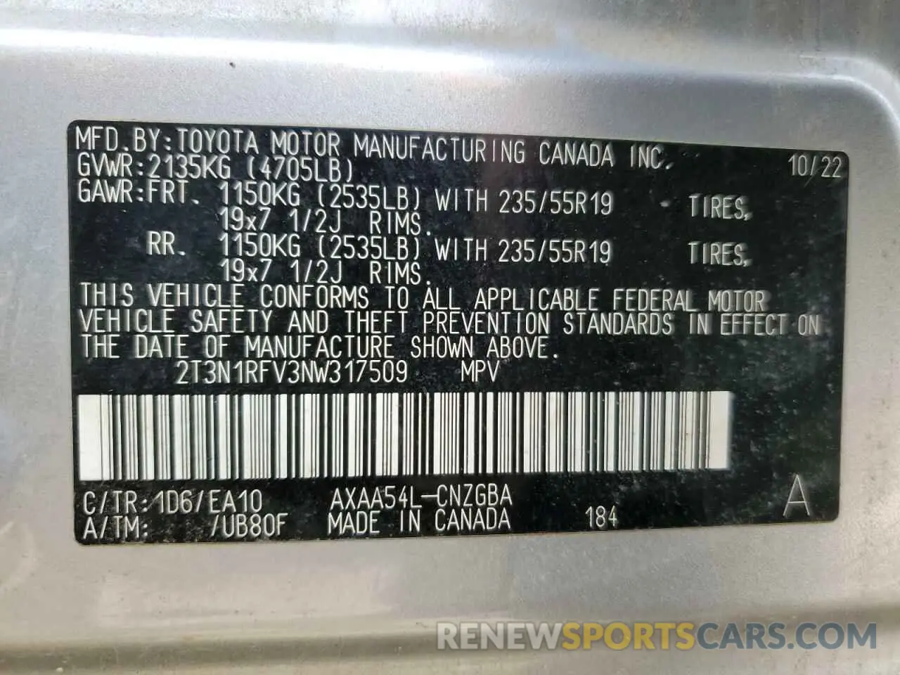 13 Photograph of a damaged car 2T3N1RFV3NW317509 TOYOTA RAV4 2022
