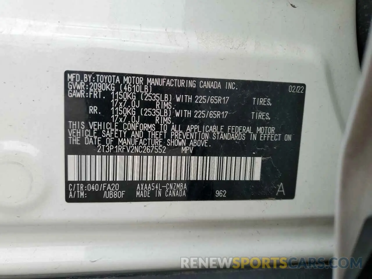 14 Photograph of a damaged car 2T3P1RFV2NC267552 TOYOTA RAV4 2022