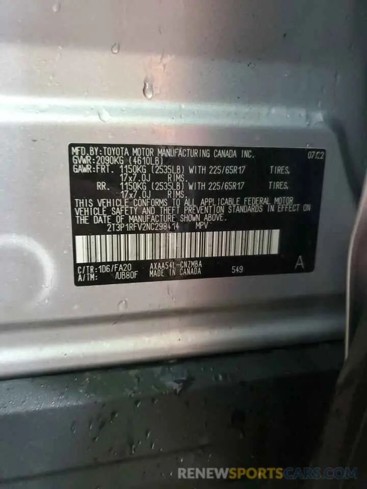 12 Photograph of a damaged car 2T3P1RFV2NC298414 TOYOTA RAV4 2022