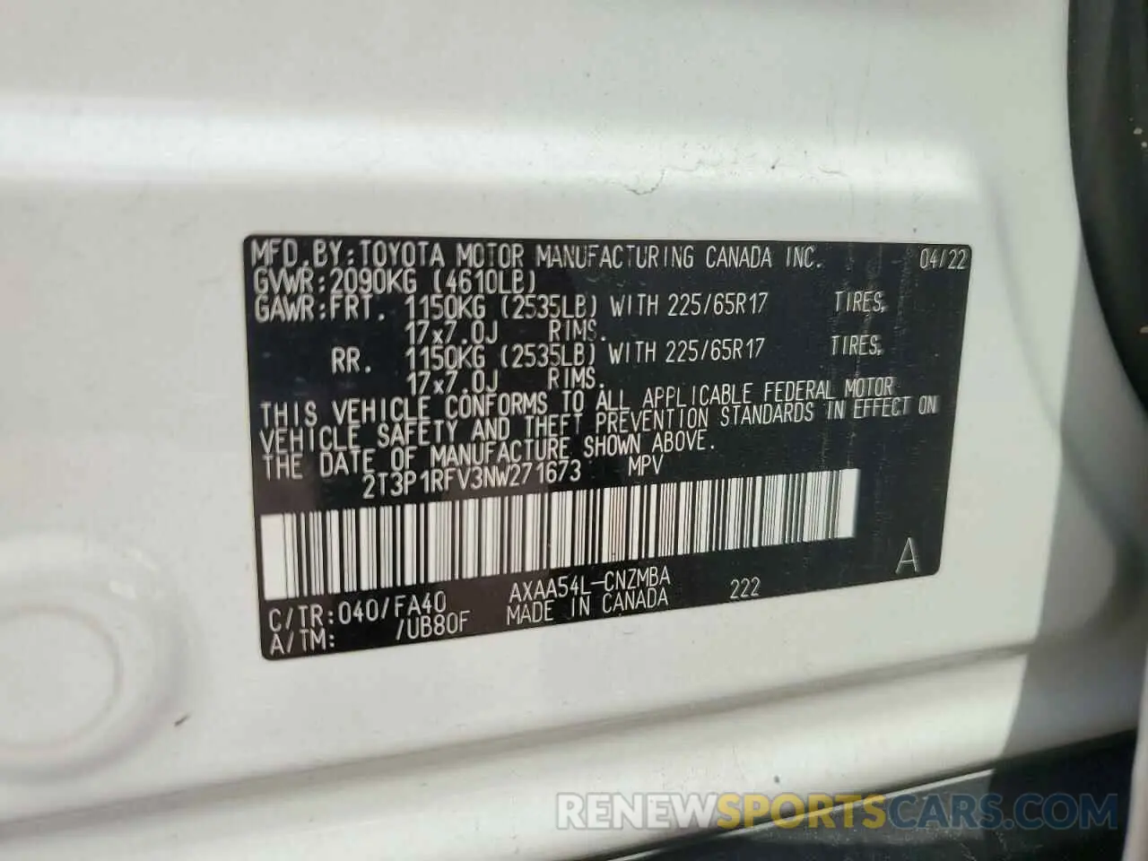 13 Photograph of a damaged car 2T3P1RFV3NW271673 TOYOTA RAV4 2022