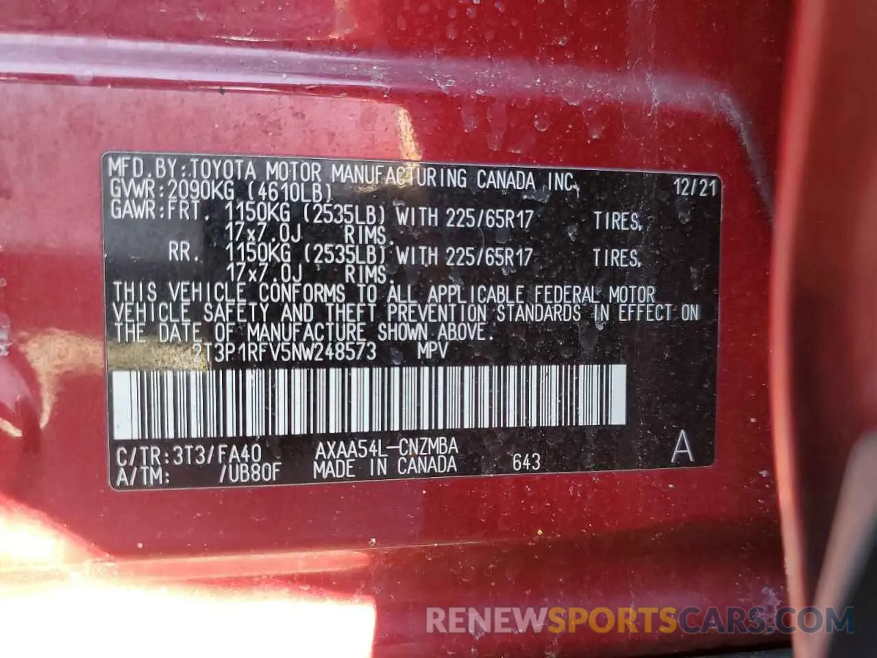 13 Photograph of a damaged car 2T3P1RFV5NW248573 TOYOTA RAV4 2022